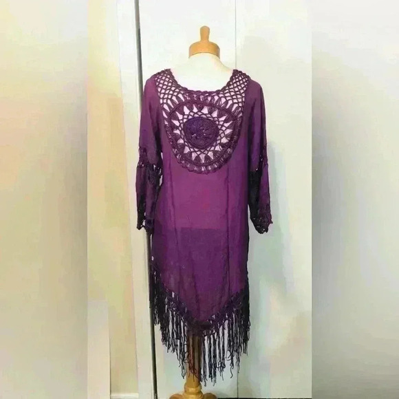 NWT Eggplant Purple Crochet Fringe Boho Swim Beach Resort Cover Up size small - Picture 6 of 12